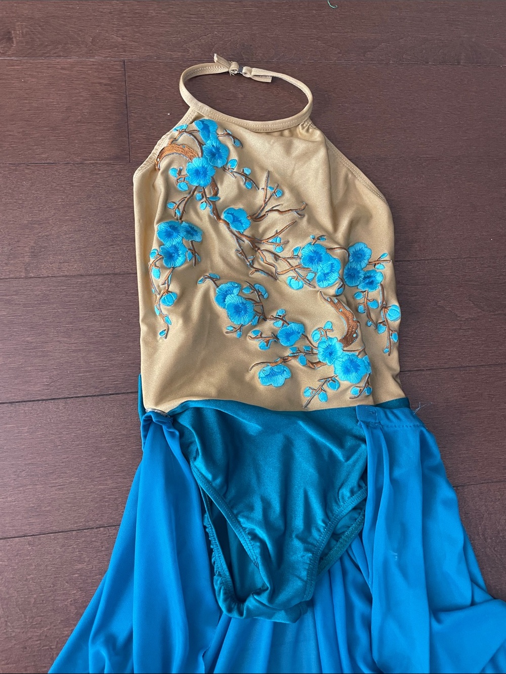 Gold & Bright Blue Floral Halter Dance Dress
